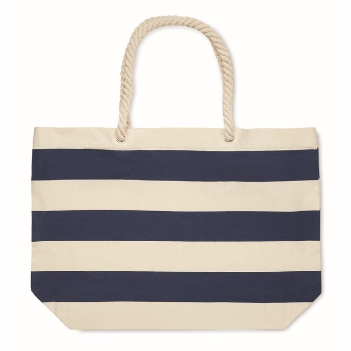 Bolsa para playa de algodón rayada con asas de cuerdas 220 g/m2 color azul tercera vista Bolsa para playa de algodón rayada con asas de cuerdas 220 g/m2 color azul tercera vista