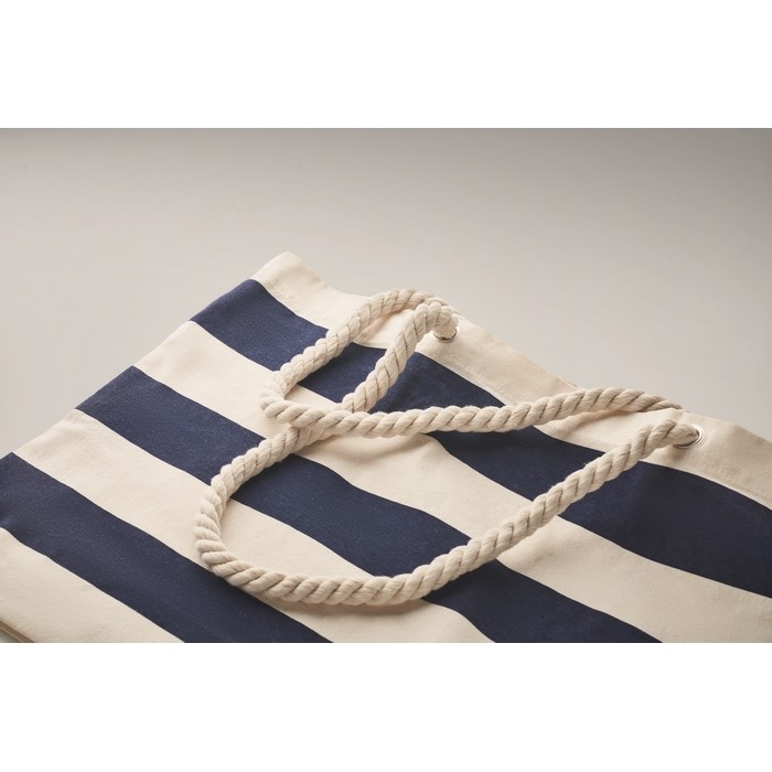 Bolsa para playa de algodón rayada con asas de cuerdas 220 g/m2 color azul vista fotografía cuarta vista Bolsa para playa de algodón rayada con asas de cuerdas 220 g/m2 color azul vista fotografía cuarta vista