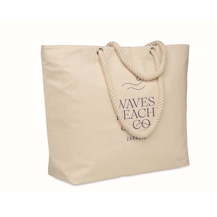 Bolsa nevera para playa de algodón lisa con asas de cuerdas 220 g/m2 color beige vista principal