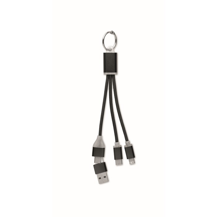 Llavero 2 en 1 con cable de carga de 3 conexiones distintas color negro Llavero 2 en 1 con cable de carga de 3 conexiones distintas color negro