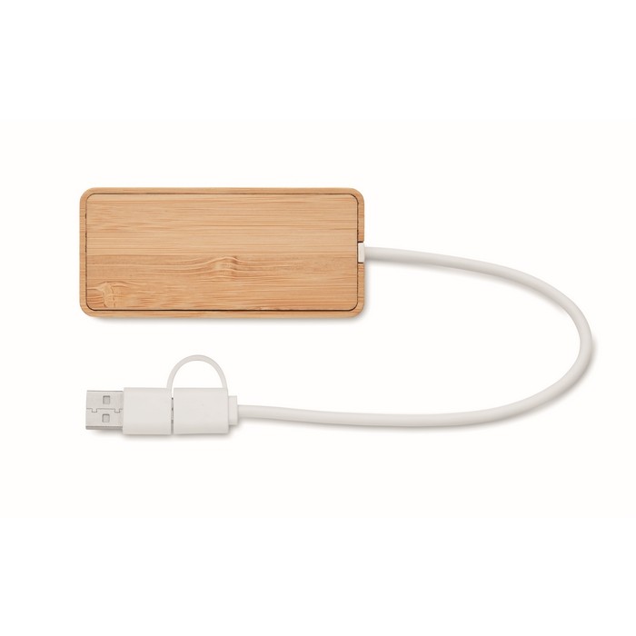 Hub USB de bambú con 3 puertos y cable con longitud de 20cm color madera tercera vista