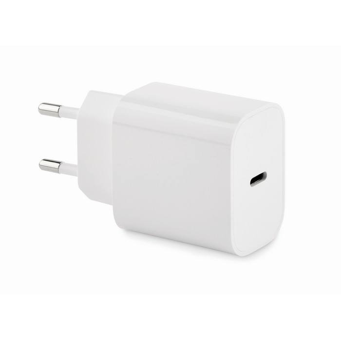 Cargador rápido y adaptador de pared UE de 2 polos con conexión tipo C color blanco Cargador rápido y adaptador de pared UE de 2 polos con conexión tipo C color blanco