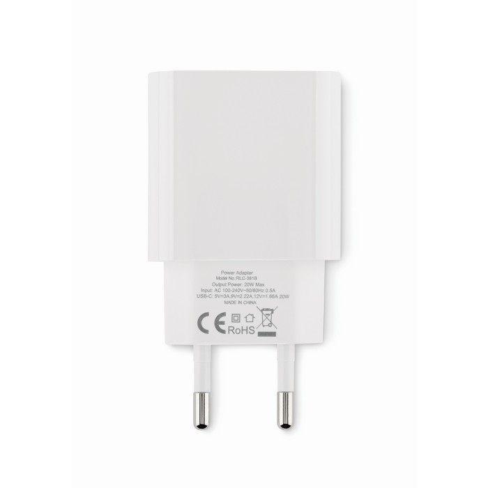 Cargador rápido y adaptador de pared UE de 2 polos con conexión tipo C color blanco cuarta vista Cargador rápido y adaptador de pared UE de 2 polos con conexión tipo C color blanco cuarta vista