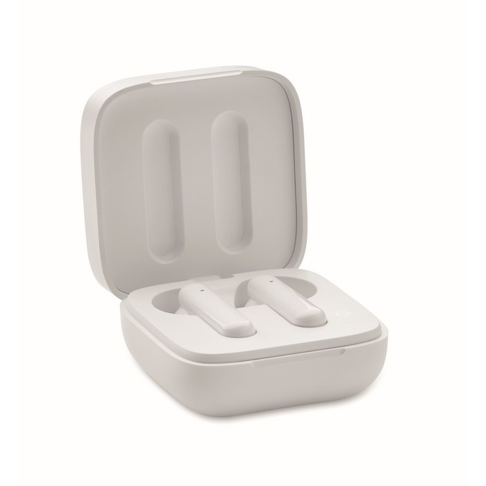 Auriculares inalámbricos ABS y micrófono con detalle negro en la tapa color blanco segunda vista Auriculares inalámbricos ABS y micrófono con detalle negro en la tapa color blanco segunda vista