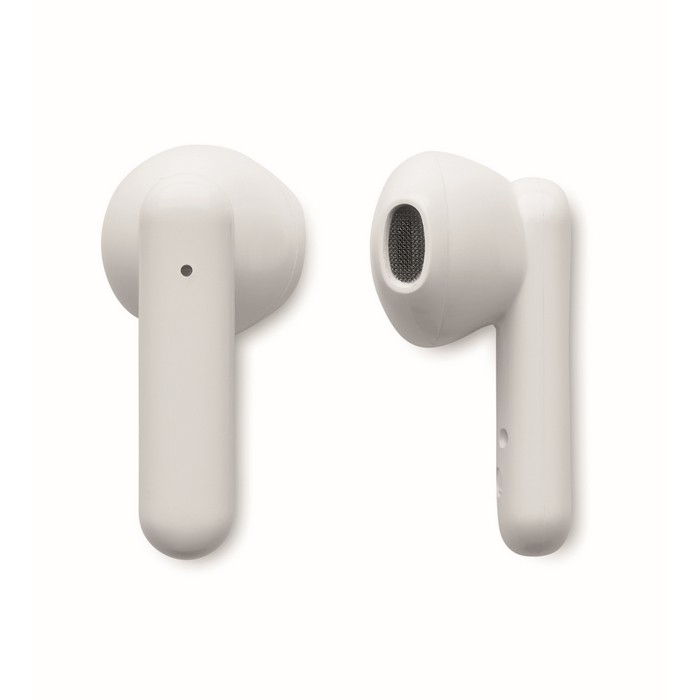 Auriculares inalámbricos ABS y micrófono con detalle negro en la tapa color blanco sexta vista Auriculares inalámbricos ABS y micrófono con detalle negro en la tapa color blanco sexta vista