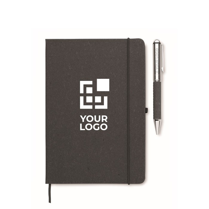 Libreta de piel reciclada con tapa dura y bolígrafo de tinta azul vista de impresión Libreta de piel reciclada con tapa dura y bolígrafo de tinta azul vista de impresión