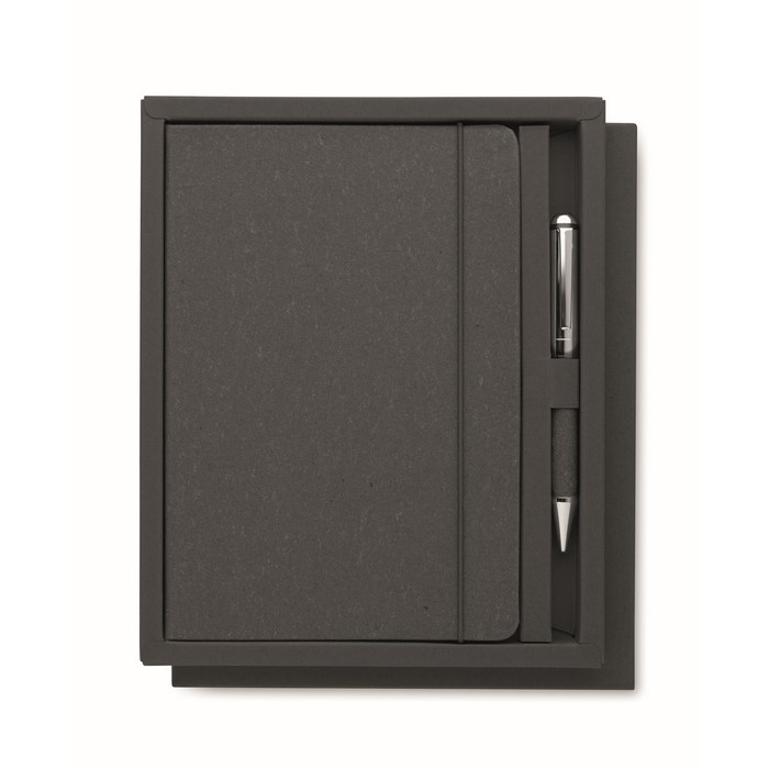 Libreta de piel reciclada con tapa dura y bolígrafo de tinta azul color negro segunda vista Libreta de piel reciclada con tapa dura y bolígrafo de tinta azul color negro segunda vista