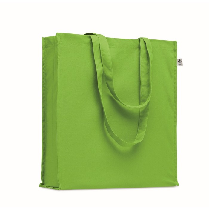 Bolsa de algodón orgánico de colores con asas largas y fuelle 220 g/m2 color verde lima Bolsa de algodón orgánico de colores con asas largas y fuelle 220 g/m2 color verde lima