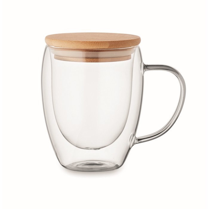 Taza de vidrio de borosilicato de doble pared con tapa de bambú 250ml color transparente Taza de vidrio de borosilicato de doble pared con tapa de bambú 250ml color transparente
