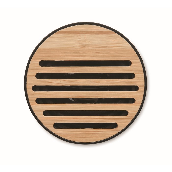 Altavoz circular inalámbrico con base de corcho y detalle en bambú color negro octava vista