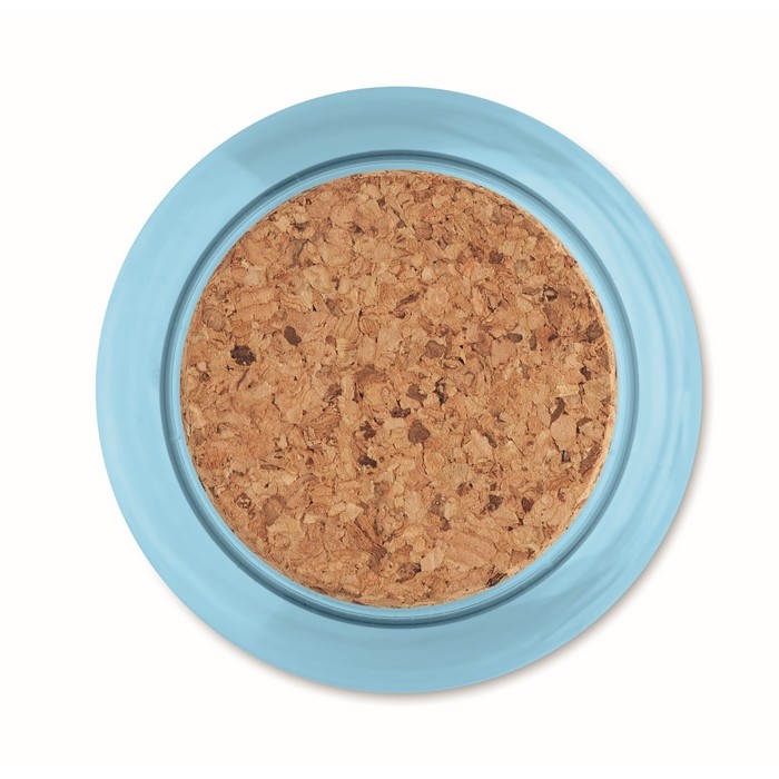 Botella de Tritan Renew™ con tapa redonda de corcho 500ml color azul transparente cuarta vista Botella de Tritan Renew™ con tapa redonda de corcho 500ml color azul transparente cuarta vista