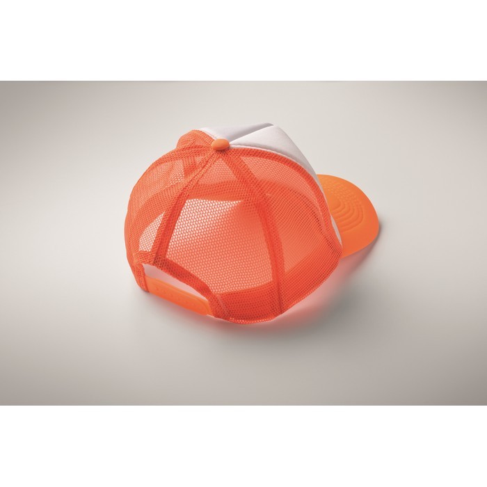 Gorra de beisbol en poliéster con parte frontal en blanco 150 g/m2 color naranja fluorescente vista fotografía quinta vista
