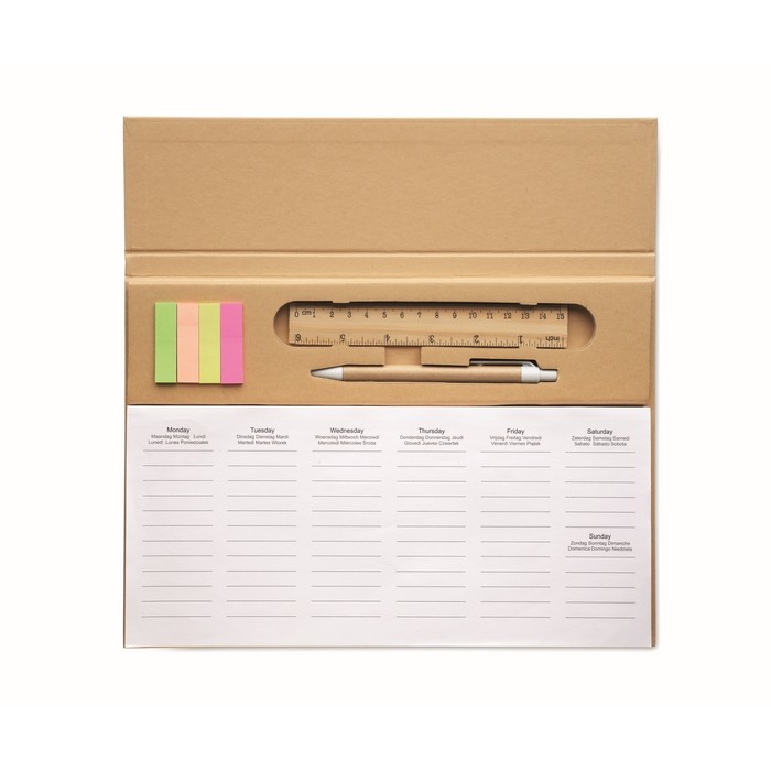 Planificador semanal con bolígrafo de tinta azul, regla y adhesivos color beige tercera vista Planificador semanal con bolígrafo de tinta azul, regla y adhesivos color beige tercera vista