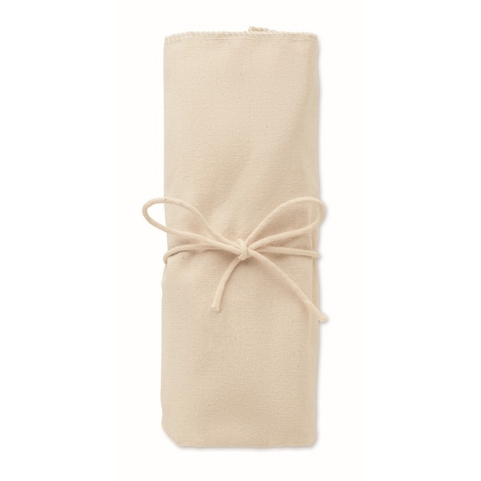 Kit para cóctel con 5 instrumentos claves en una bolsa de algodón color beige tercera vista Kit para cóctel con 5 instrumentos claves en una bolsa de algodón color beige tercera vista