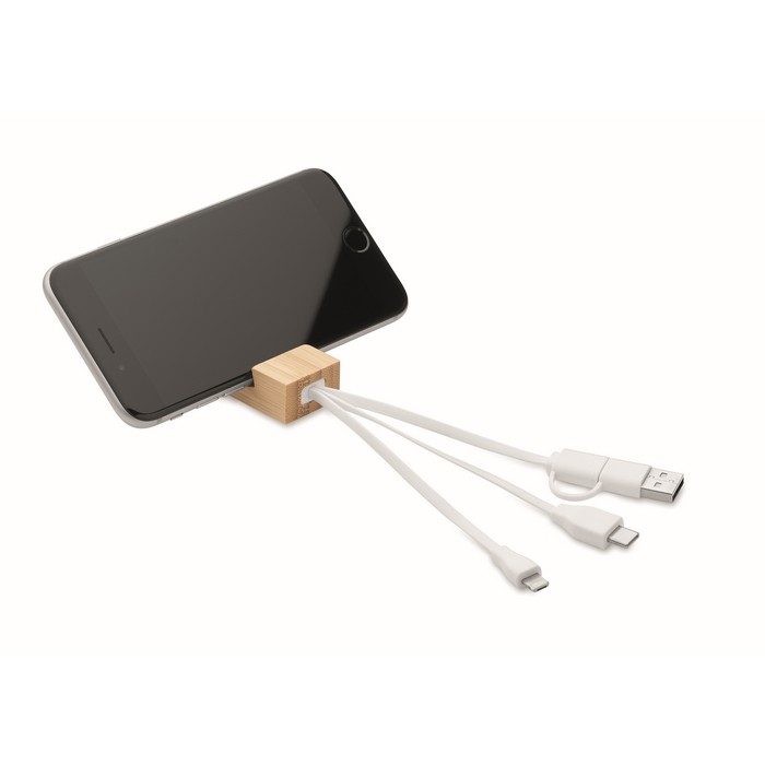 Llavero de bambú con soporte para teléfono y cargadores color madera segunda vista Llavero de bambú con soporte para teléfono y cargadores color madera segunda vista