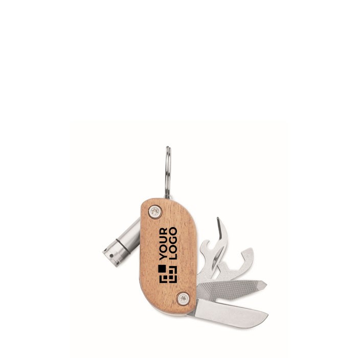 Llavero de madera de acacia con 7 herramientas y luz LED color madera vista de impresión Llavero de madera de acacia con 7 herramientas y luz LED color madera vista de impresión