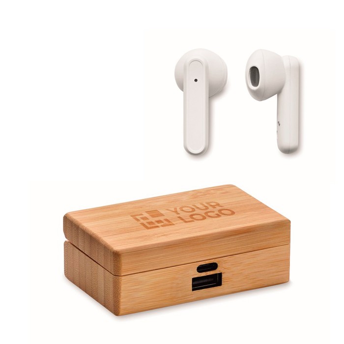 Auriculares inalámbricos con micrófono en estuche de bambú color madera vista de impresión Auriculares inalámbricos con micrófono en estuche de bambú color madera vista de impresión