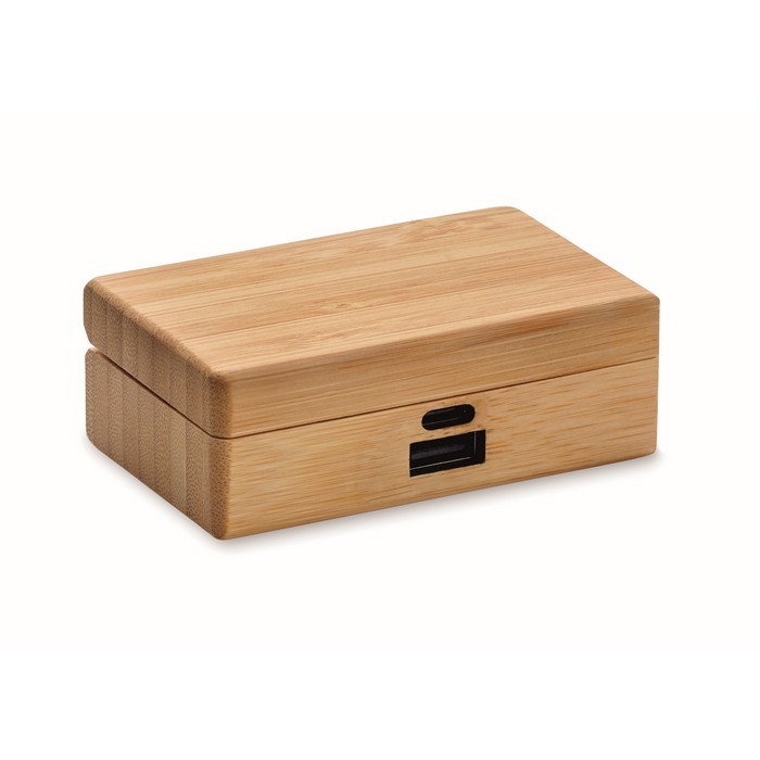 Auriculares inalámbricos con micrófono en estuche de bambú color madera segunda vista Auriculares inalámbricos con micrófono en estuche de bambú color madera segunda vista