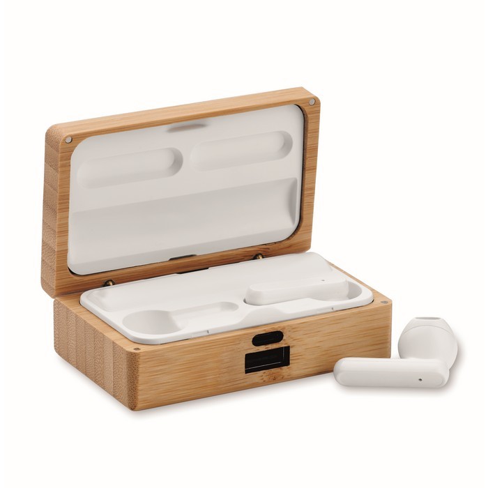 Auriculares inalámbricos con micrófono en estuche de bambú color madera tercera vista Auriculares inalámbricos con micrófono en estuche de bambú color madera tercera vista