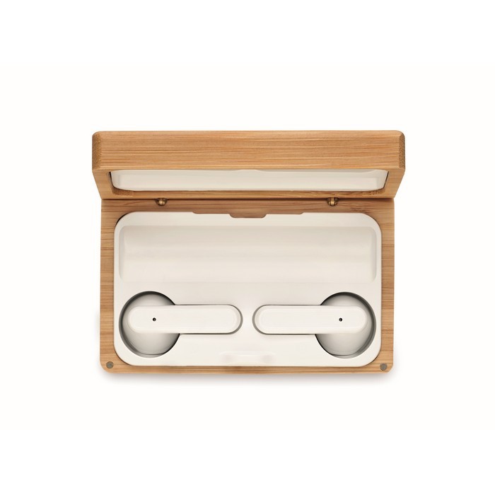 Auriculares inalámbricos con micrófono en estuche de bambú color madera sexta vista Auriculares inalámbricos con micrófono en estuche de bambú color madera sexta vista