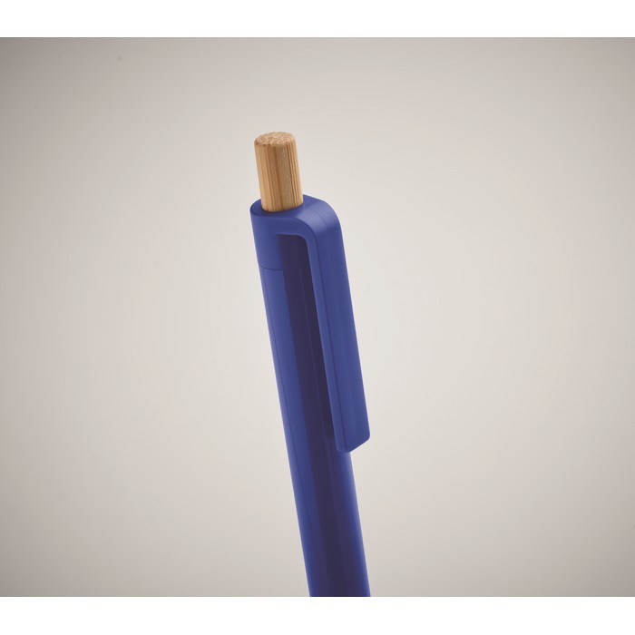 Bolígrafo monocromático con pulsador de bambú tinta azul color azul real vista fotografía segunda vista