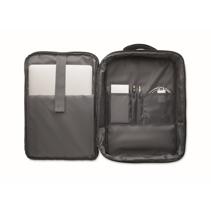 Mochila de RPET con efecto jaspeado y soporte para trolley 15'' color negro octava vista Mochila de RPET con efecto jaspeado y soporte para trolley 15'' color negro octava vista