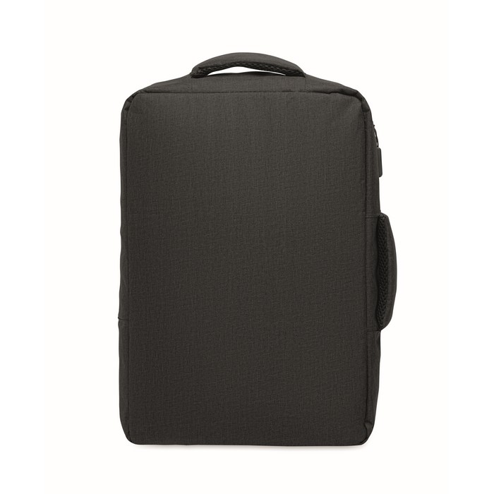 Mochila de RPET con efecto jaspeado y soporte para trolley 15'' color negro decima vista Mochila de RPET con efecto jaspeado y soporte para trolley 15'' color negro decima vista