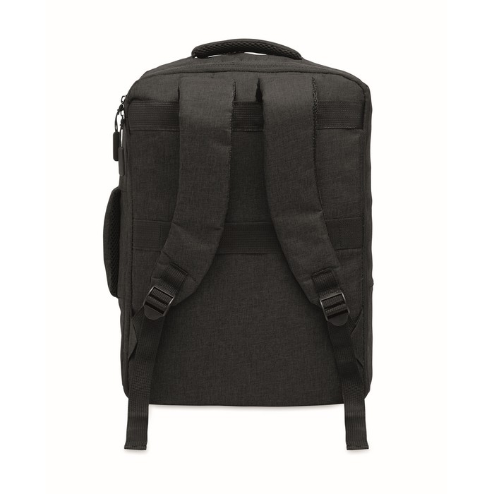 Mochila de RPET con efecto jaspeado y soporte para trolley 15'' color negro Mochila de RPET con efecto jaspeado y soporte para trolley 15'' color negro