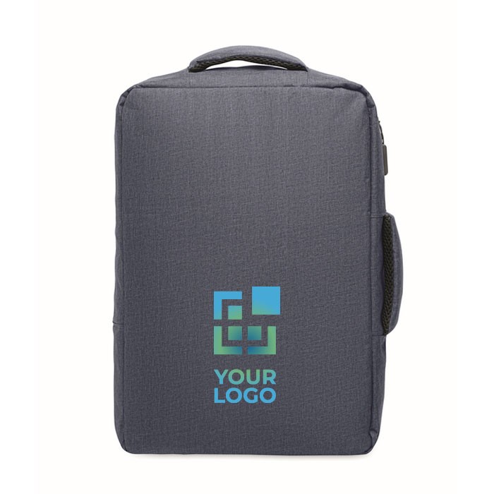 Mochila de RPET con efecto jaspeado y soporte para trolley 15'' color azul marino vista de impresión Mochila de RPET con efecto jaspeado y soporte para trolley 15'' color azul marino vista de impresión