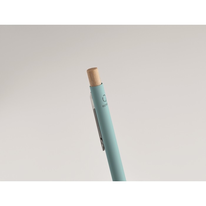 Bolígrafo de aluminio reciclado con pulsador de bambú tinta azul color azul claro