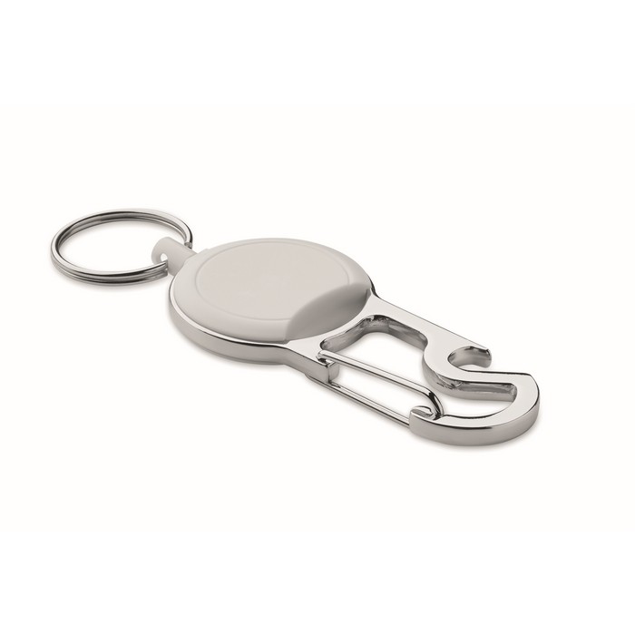 Porta credenciales retráctil con llavero y abrebotellas color blanco cuarta vista