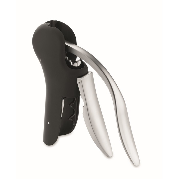 Sacacorchos personalizable semi automático con acabado engomado color negro segunda vista Sacacorchos personalizable semi automático con acabado engomado color negro segunda vista