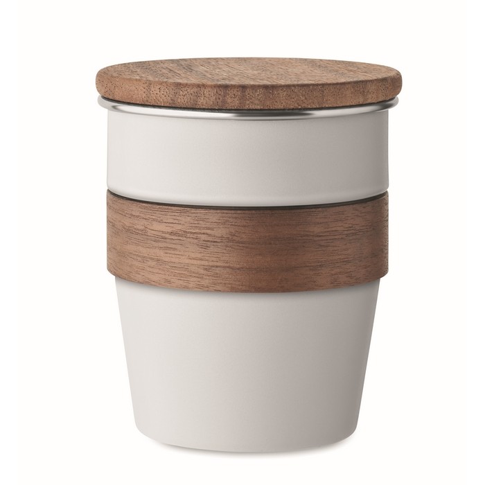 Vaso de acero inoxidable con detalle removible de madera 350ml color blanco