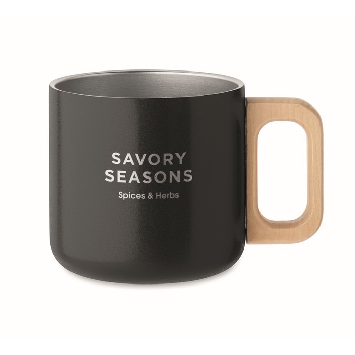 Taza de acero inoxidable reciclado con asa de madera 350ml color negro vista principal