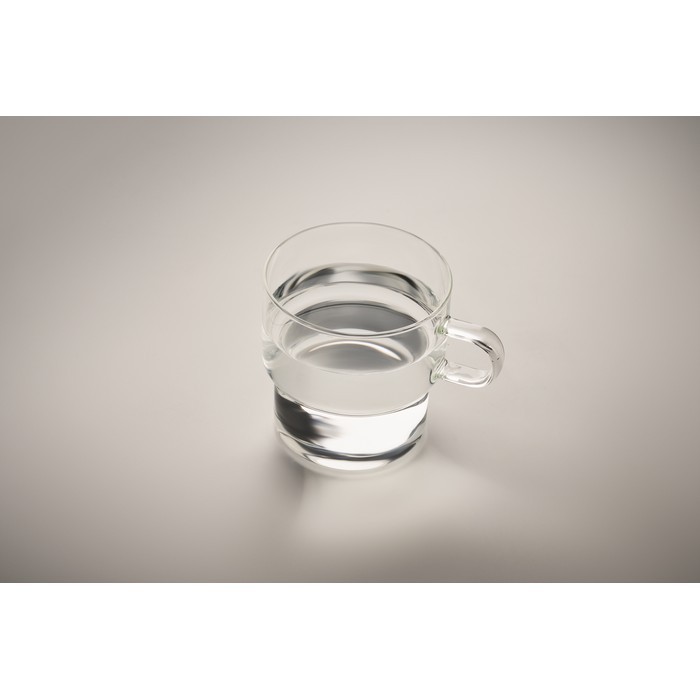 Taza hecha totalmente de borosilicato con diseño apilable 300ml color transparente vista fotografía cuarta vista Taza hecha totalmente de borosilicato con diseño apilable 300ml color transparente vista fotografía cuarta vista