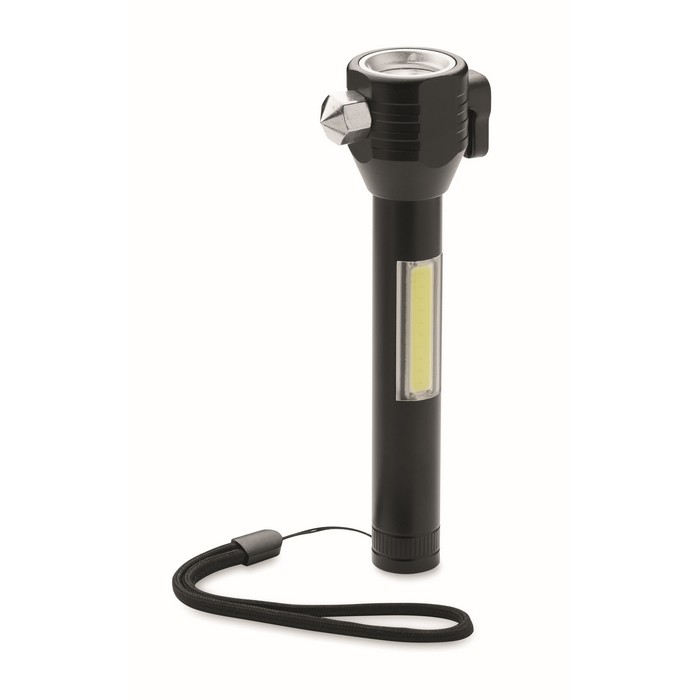 Linterna con martillo y cortador para emergencias con luz COB color negro