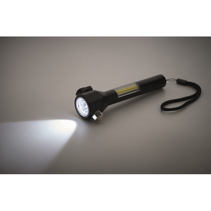 Linterna con martillo y cortador para emergencias con luz COB color negro vista fotografía tercera vista