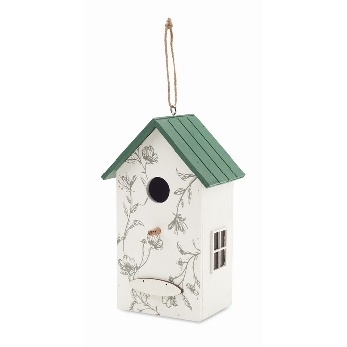 Casa colgable de madera para pájaros con estampado floral color blanco segunda vista