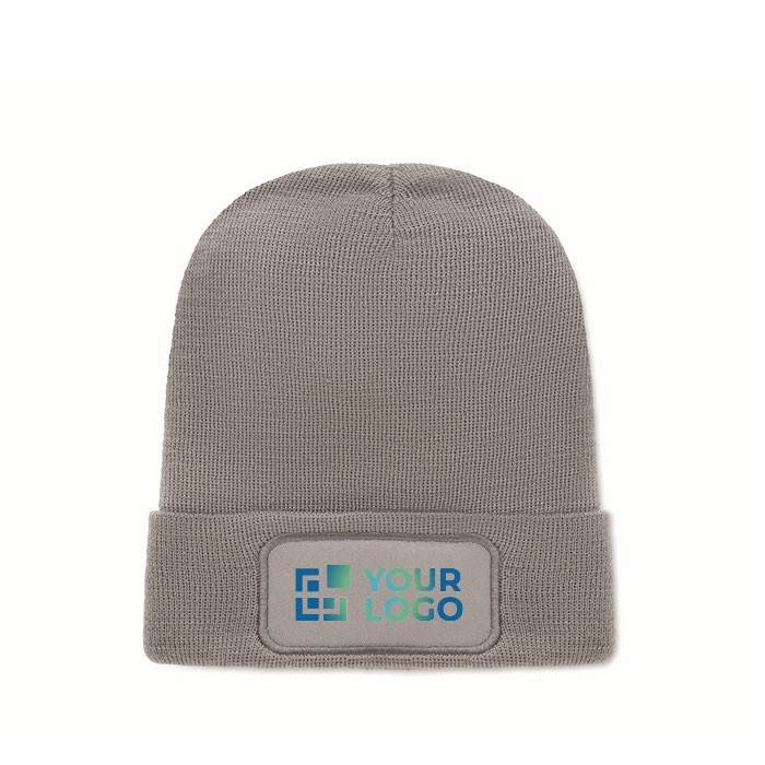 Gorro unisex de poliéster RPET con parche para personalización color gris oscuro vista de impresión Gorro unisex de poliéster RPET con parche para personalización color gris oscuro vista de impresión