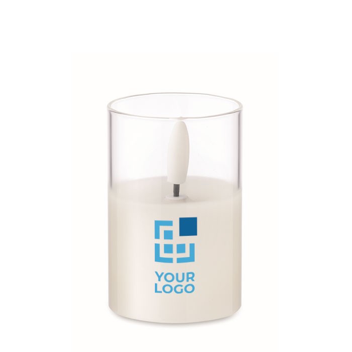 Vela pequeña en tarro transparente con luz LED de efecto de llama real color blanco vista de impresión