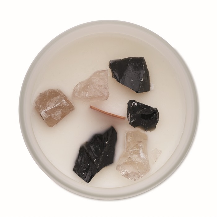 Vela en tarro de vidrio con piedras en el interior y aroma a vainilla color blanco segunda vista