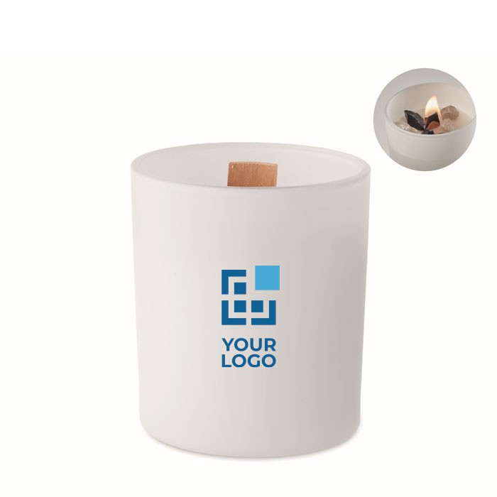 Vela en tarro de vidrio con piedras en el interior y aroma a vainilla color blanco vista de impresión