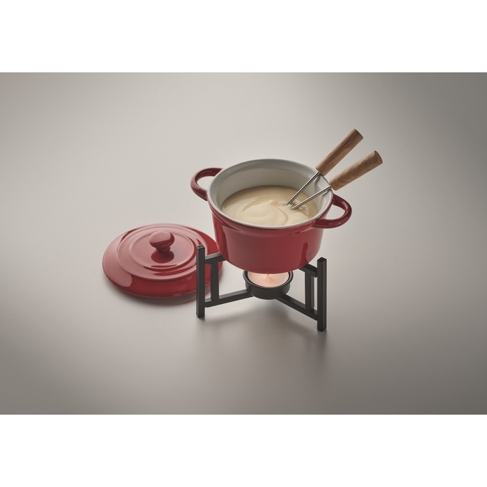 Juego pequeño de fondue para 2 de cerámica con 2 tenedores 300ml color rojo vista fotografía cuarta vista Juego pequeño de fondue para 2 de cerámica con 2 tenedores 300ml color rojo vista fotografía cuarta vista