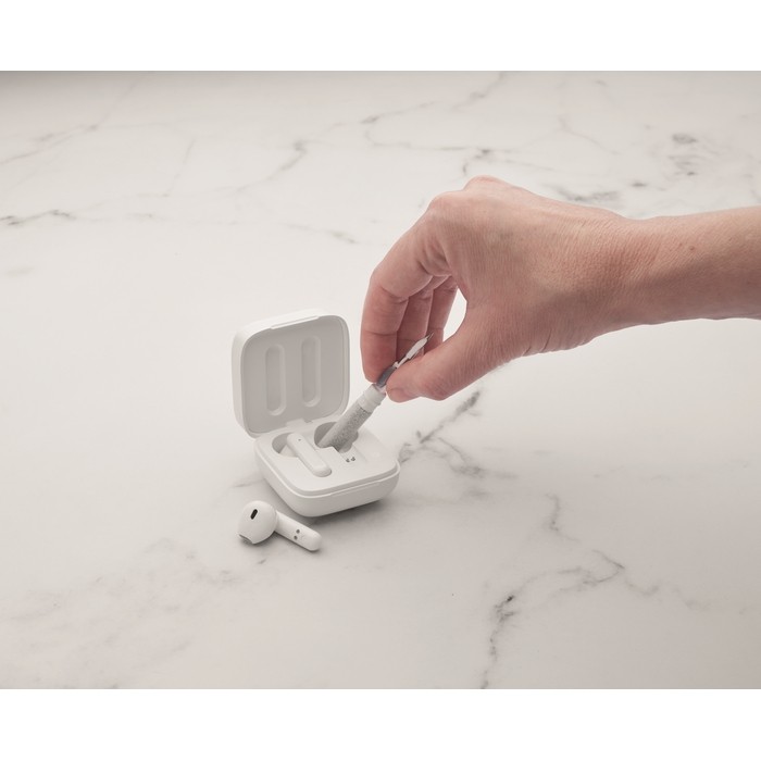 Bolígrafo que incluye kit de limpieza para auriculares tinta azul color blanco vista bodegón Bolígrafo que incluye kit de limpieza para auriculares tinta azul color blanco vista bodegón