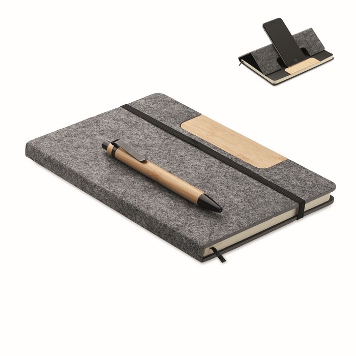Libreta de tapa dura y fieltro con soporte de bambú para móvil A5 color gris oscuro