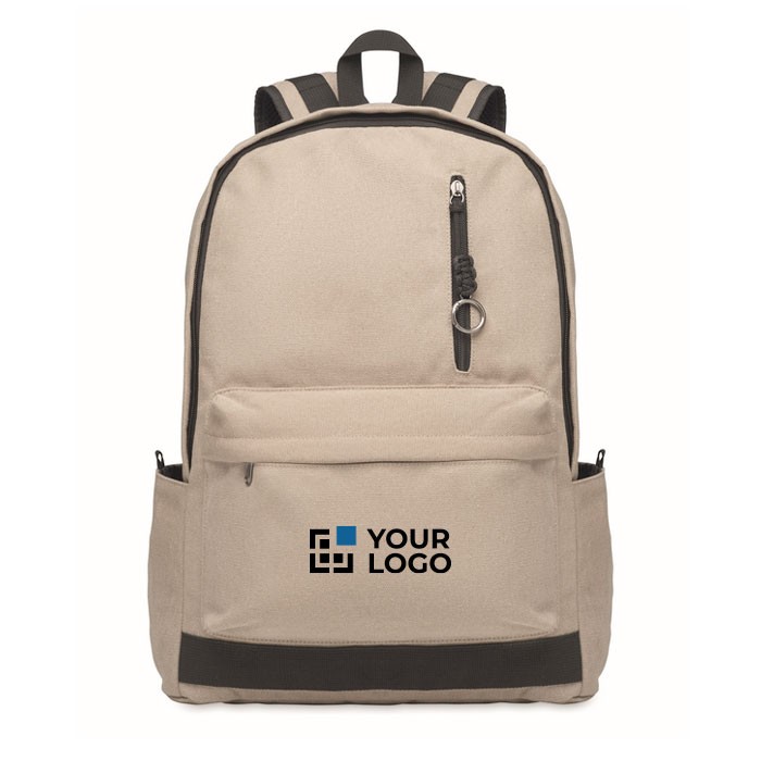Mochila para portátil de algodón reciclado en colores clásicos 15'' color arena vista de impresión Mochila para portátil de algodón reciclado en colores clásicos 15'' color arena vista de impresión