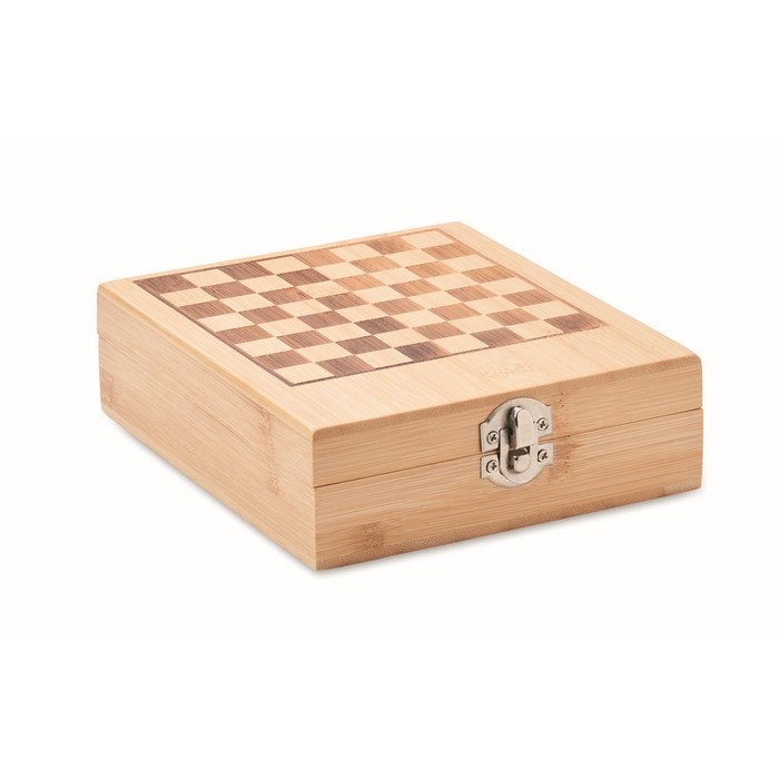 Caja de bambú que incluye juego de ajedrez pequeño y set de vino color madera septima vista
