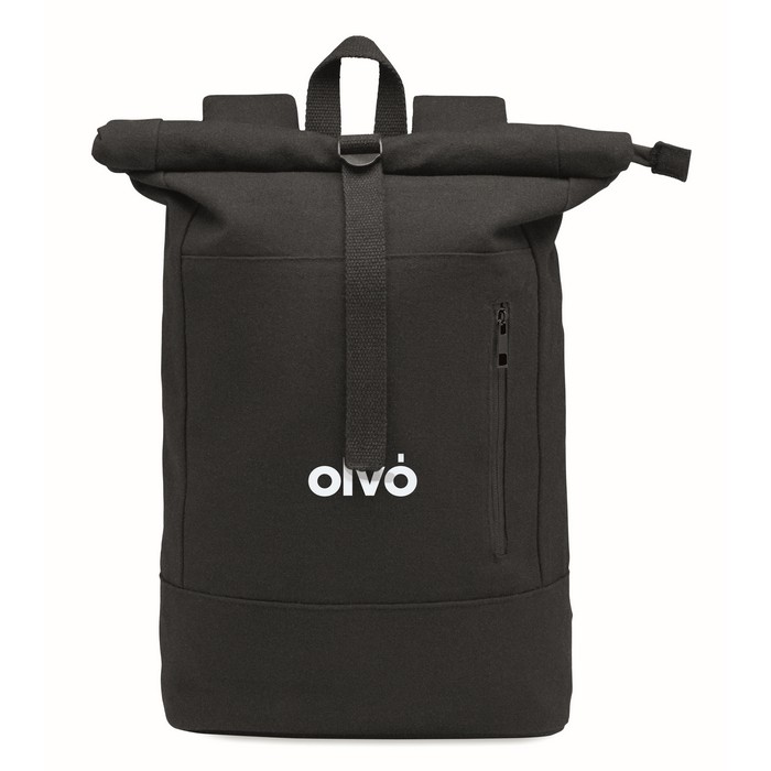 Mochila roll-top para portátil de algodón reciclado 15'' color negro vista principal tercera vista Mochila roll-top para portátil de algodón reciclado 15'' color negro vista principal tercera vista
