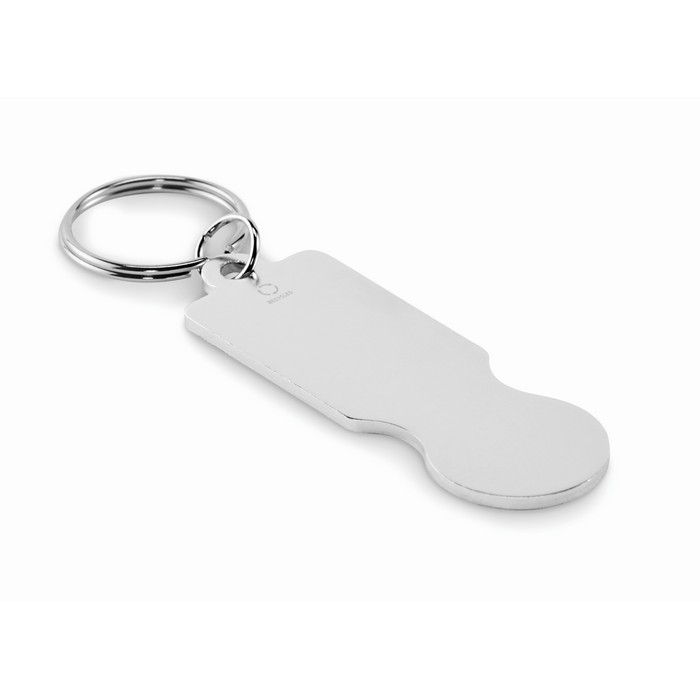 Llavero de aluminio reciclado para uso en carro de compra color plateado
