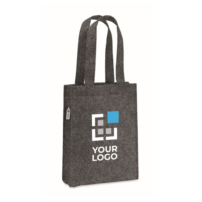 Bolsa pequeña de fieltro RPET con fuelle y asas cortas color gris oscuro vista de impresión Bolsa pequeña de fieltro RPET con fuelle y asas cortas color gris oscuro vista de impresión